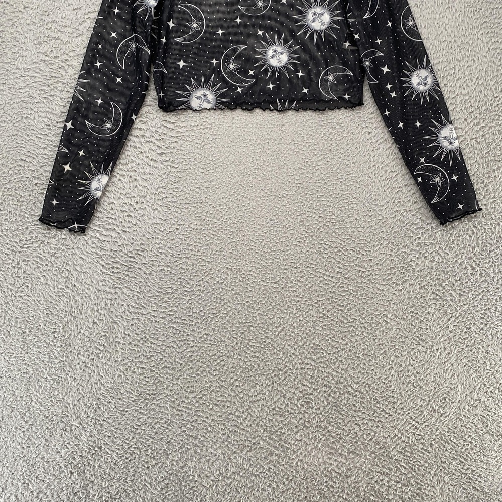 Y2K Mesh Crop T-Shirt Womens XL Black Celestial Moon Sun Sheer Top Whimsical - Picture 3 of 13